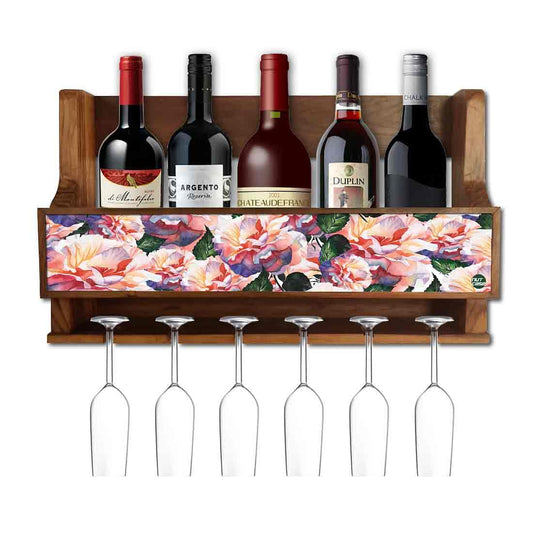 Nutcase Designer Wooden Wine Rack Gloss Holder, Teak Wood Wall Mounted Wine
 Cabinet , 5 bottle Hangers for 6 Wine Glasses -  Floral Vintage Nutcase