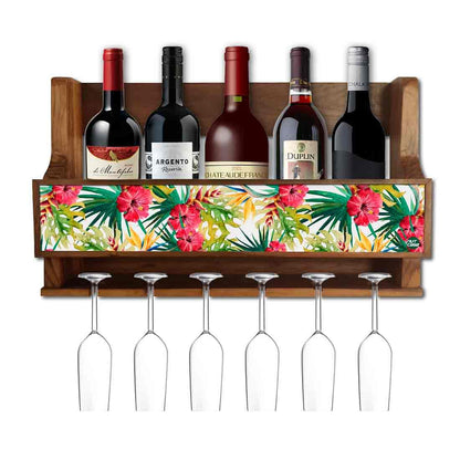 Wooden Wall Mounted Wine Glass Holder for Living Room - Stores 5 bottles 6 Wine Glasses-Floral Garden Nutcase