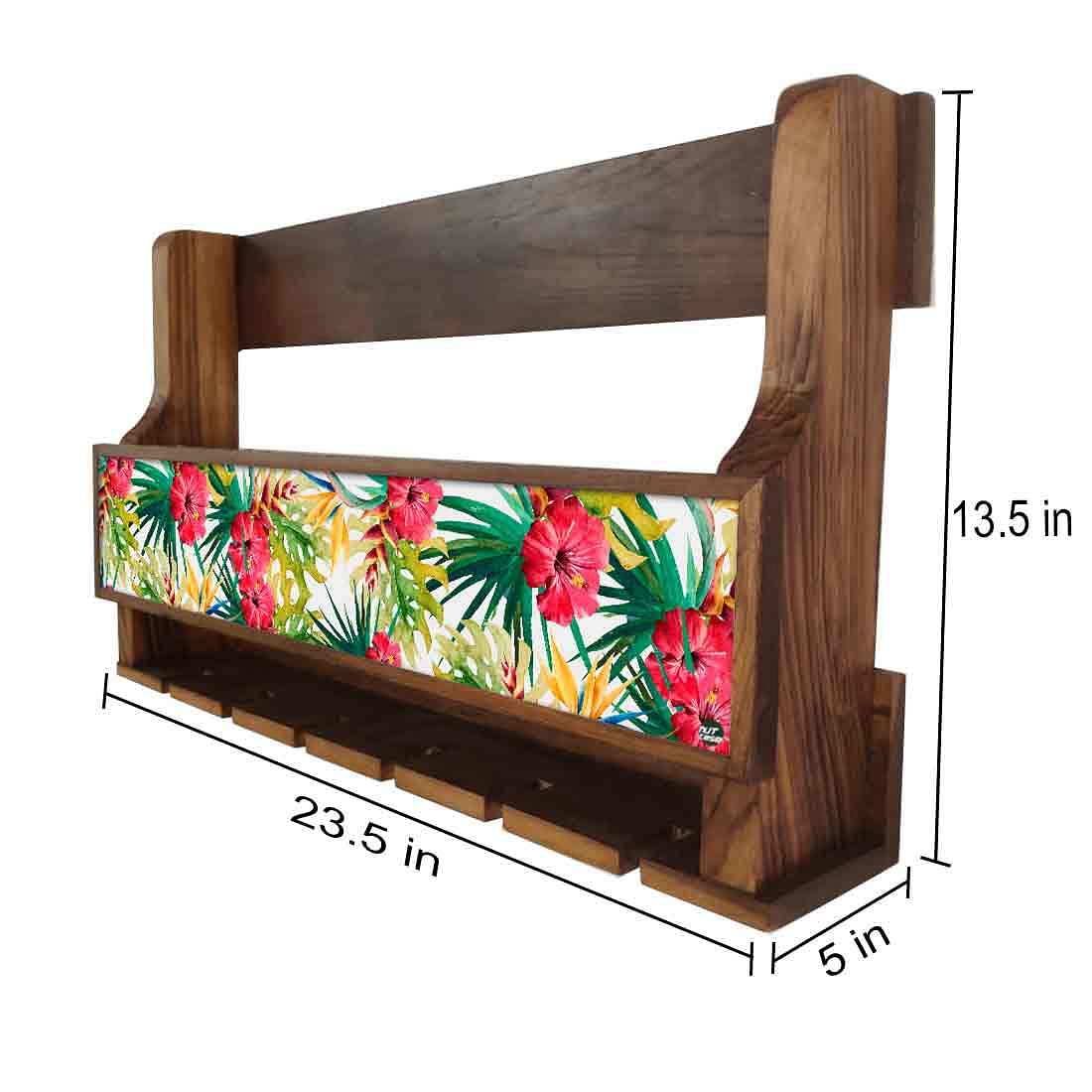 Wooden Wall Mounted Wine Glass Holder for Living Room - Stores 5 bottles 6 Wine Glasses-Floral Garden Nutcase