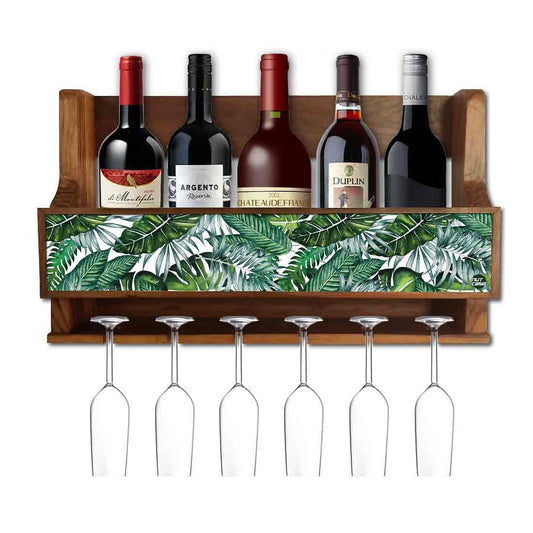 Wall Mounted Wine Glass Rack Mini Bar for 5 Bottles 6 Glasses - Green Leaves Nutcase