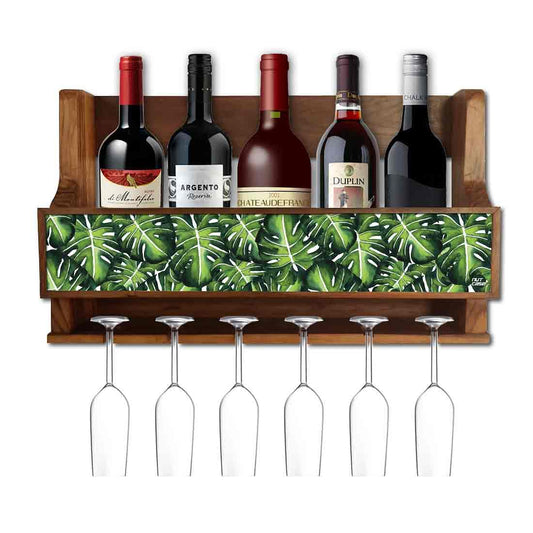 Wooden Wine Glass Wall Rack Cabinet for Living Room 5 Bottles 6 Glasses - Monstera Leaves Nutcase