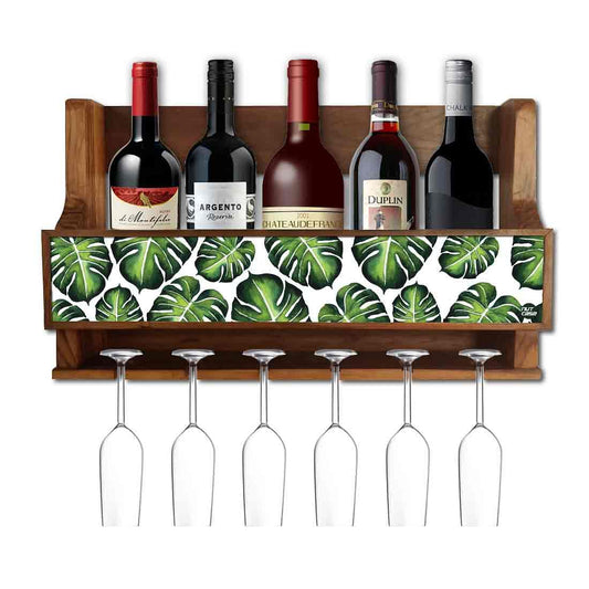 Wall Mounted Mini Bar Cabinet Wooden Wine Holder for 5 Bottles and 6 Glasses - Monstera Jungle Nutcase