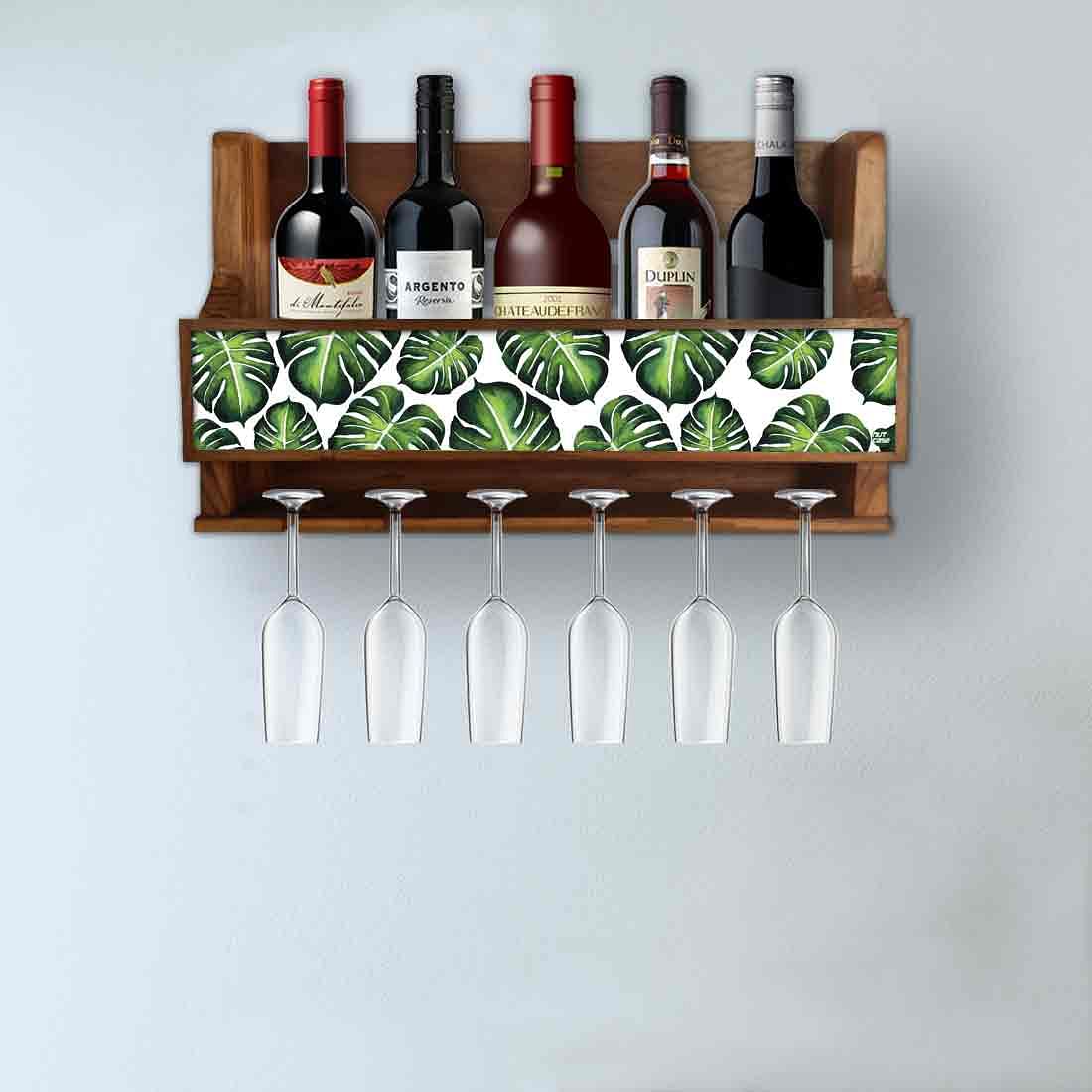 Wall Mounted Mini Bar Cabinet Wooden Wine Holder for Bottles and Glasses Monstera Jungle