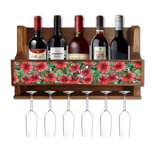Wood Wine Rack Wall Glass Holder for Living Room - Stores 5 Bottles 6 Glasses -  Hibiscus Flower Nutcase