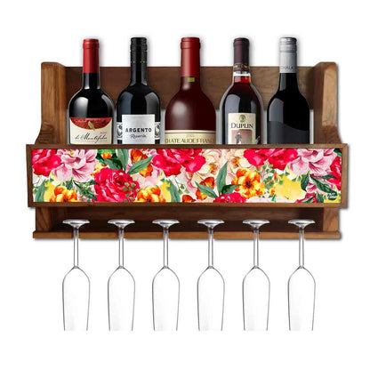 Wooden Wall Wine Bottle Holder Mini Bar for Living Room 5 Bottles 6 Glasses - Roses Nutcase