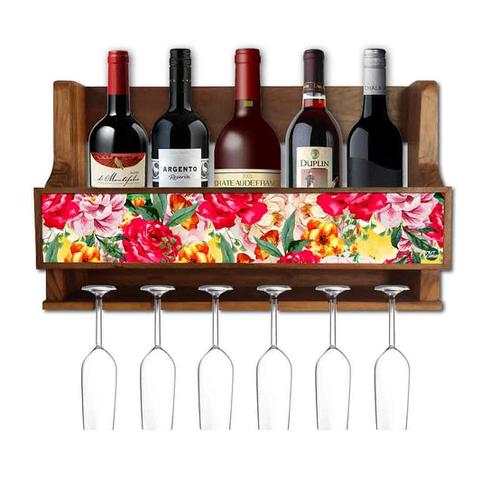 Wooden Wall Wine Bottle Holder Mini Bar for Living Room 5 Bottles 6 Glasses - Roses Nutcase