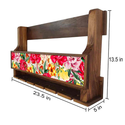 Wooden Wall Wine Bottle Holder Mini Bar for Living Room 5 Bottles 6 Glasses - Roses Nutcase