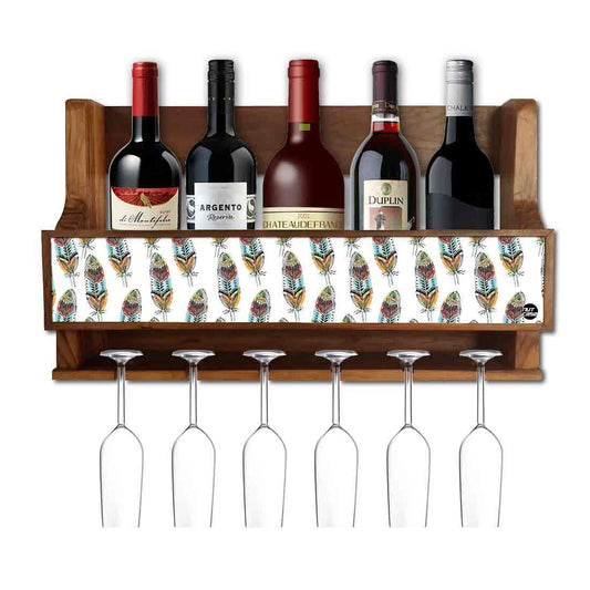 Wooden Wine Glass Rack Wall Mounted 5 bottle 6 Glasses -  Feathers In White Nutcase