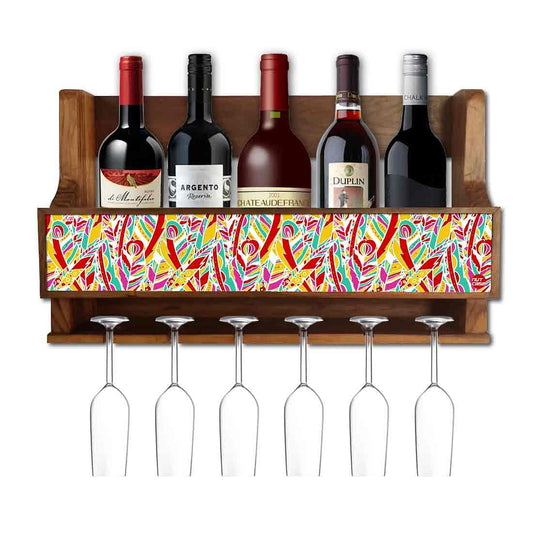 Nutcase Designer Wooden Wine Rack Gloss Holder, Teak Wood Wall Mounted Wine
 Cabinet , 5 bottle Hangers for 6 Wine Glasses -  Rainbow feathers Nutcase