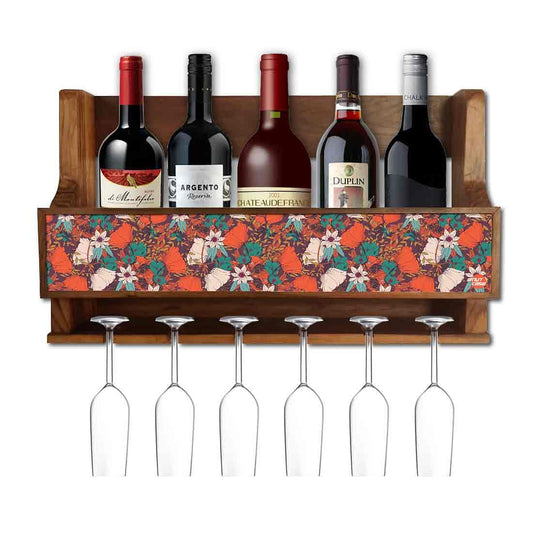 Nutcase Designer Wooden Wine Rack Gloss Holder, Teak Wood Wall Mounted Wine
 Cabinet , 5 bottle Hangers for 6 Wine Glasses -  Elegance Nutcase