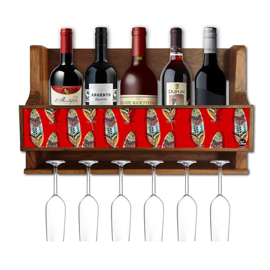 Nutcase Designer Wooden Wine Rack Gloss Holder, Teak Wood Wall Mounted Wine
 Cabinet , 5 bottle Hangers for 6 Wine Glasses -  Blood Feathers Nutcase