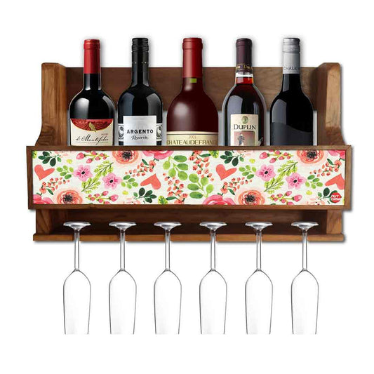 Nutcase Designer Wooden Wine Rack Gloss Holder, Teak Wood Wall Mounted Wine
 Cabinet , 5 bottle Hangers for 6 Wine Glasses -  Baby Flower Nutcase