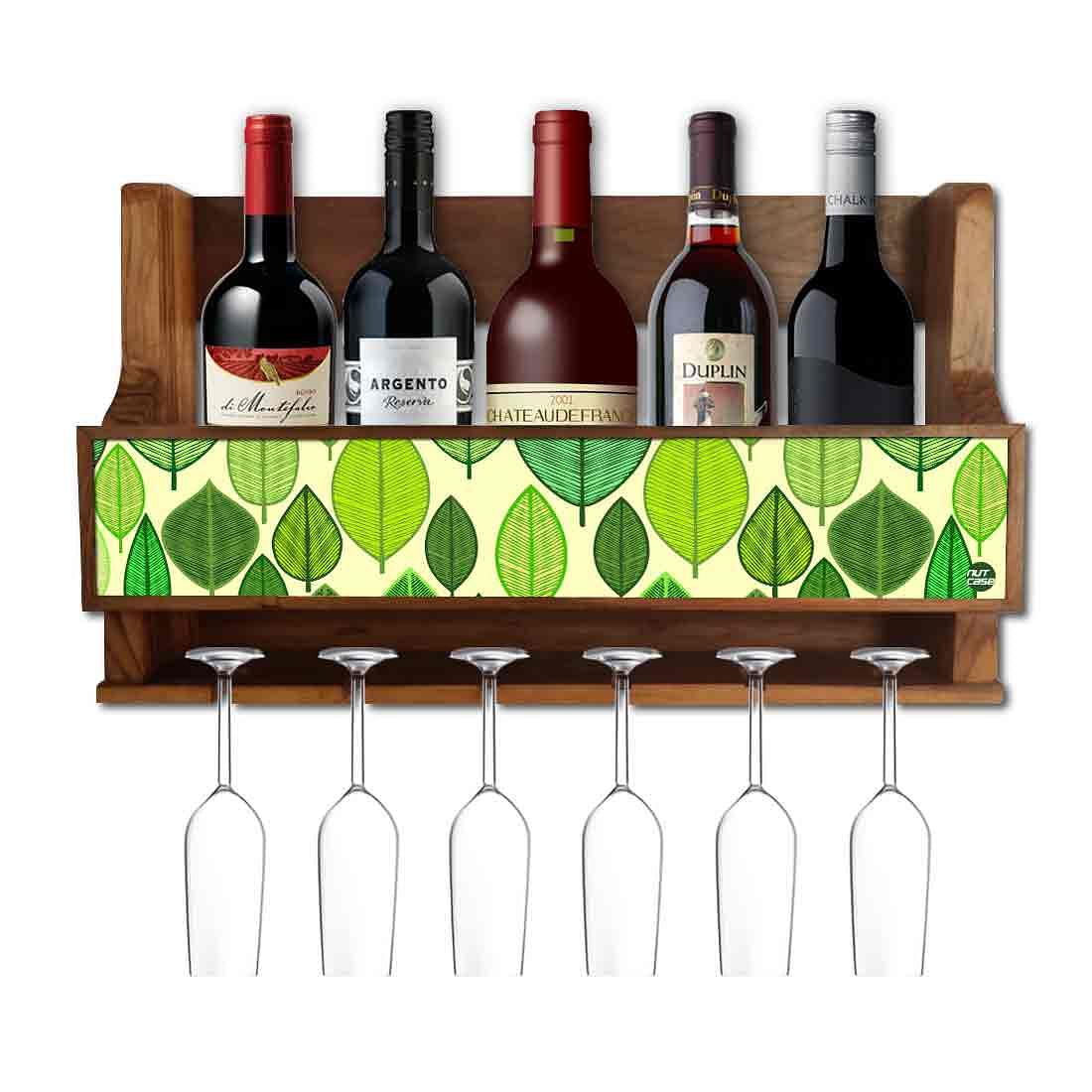 Nutcase Designer Wooden Wine Rack Gloss Holder, Teak Wood Wall Mounted Wine
 Cabinet , 5 bottle Hangers for 6 Wine Glasses -  Leaves Everywhere Nutcase