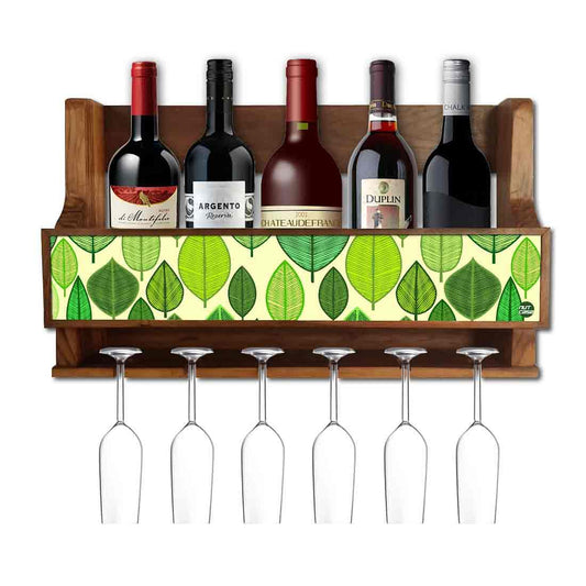 Nutcase Designer Wooden Wine Rack Gloss Holder, Teak Wood Wall Mounted Wine
 Cabinet , 5 bottle Hangers for 6 Wine Glasses -  Leaves Everywhere Nutcase