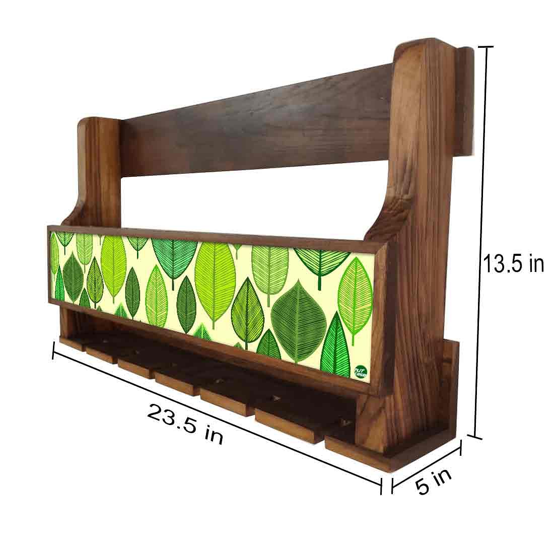 Nutcase Designer Wooden Wine Rack Gloss Holder, Teak Wood Wall Mounted Wine
 Cabinet , 5 bottle Hangers for 6 Wine Glasses -  Leaves Everywhere Nutcase