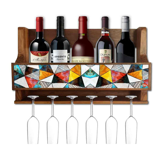 Nutcase Designer Wooden Wine Rack Gloss Holder, Teak Wood Wall Mounted Wine
 Cabinet , 5 bottle Hangers for 6 Wine Glasses -  Colorful Diamonds Nutcase