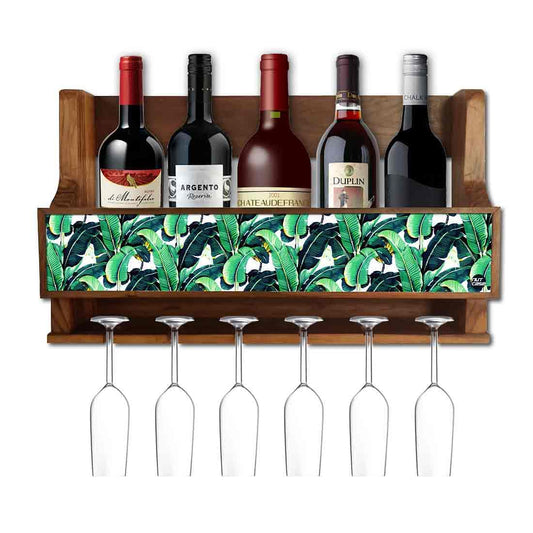 Nutcase Designer Wooden Wine Rack Gloss Holder, Teak Wood Wall Mounted Wine
 Cabinet , 5 bottle Hangers for 6 Wine Glasses -  Banana Leaves Nutcase