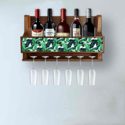 Nutcase Designer Wooden Wine Rack Gloss Holder, Teak Wood Wall Mounted Wine
 Cabinet , 5 bottle Hangers for 6 Wine Glasses -  Banana Leaves Nutcase