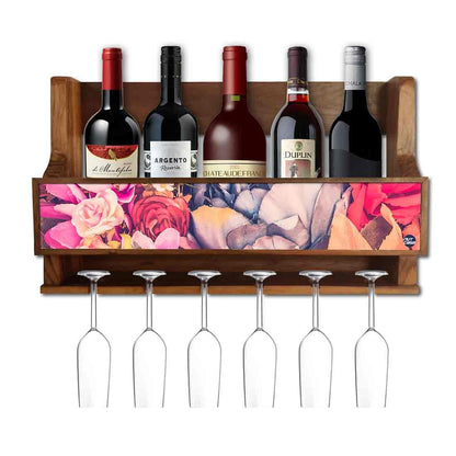 Nutcase Designer Wooden Wine Rack Gloss Holder, Teak Wood Wall Mounted Wine
 Cabinet , 5 bottle Hangers for 6 Wine Glasses -  Watercolor Flower Nutcase