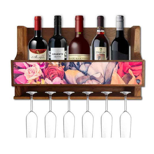Nutcase Designer Wooden Wine Rack Gloss Holder, Teak Wood Wall Mounted Wine
 Cabinet , 5 bottle Hangers for 6 Wine Glasses -  Watercolor Flower Nutcase