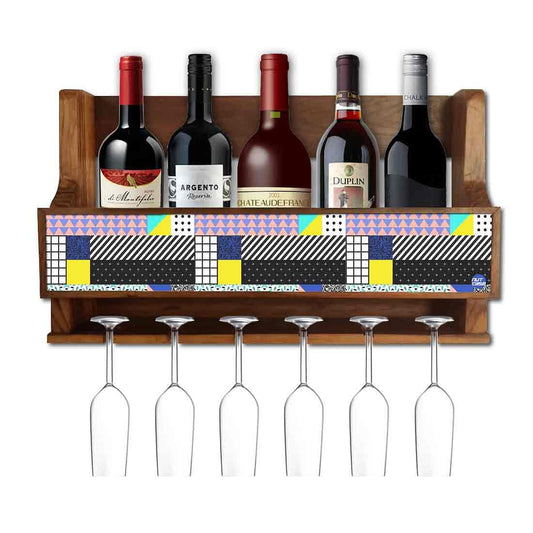 Nutcase Designer Wooden Wine Rack Gloss Holder, Teak Wood Wall Mounted Wine
 Cabinet , 5 bottle Hangers for 6 Wine Glasses - CheckBox Pattern Nutcase