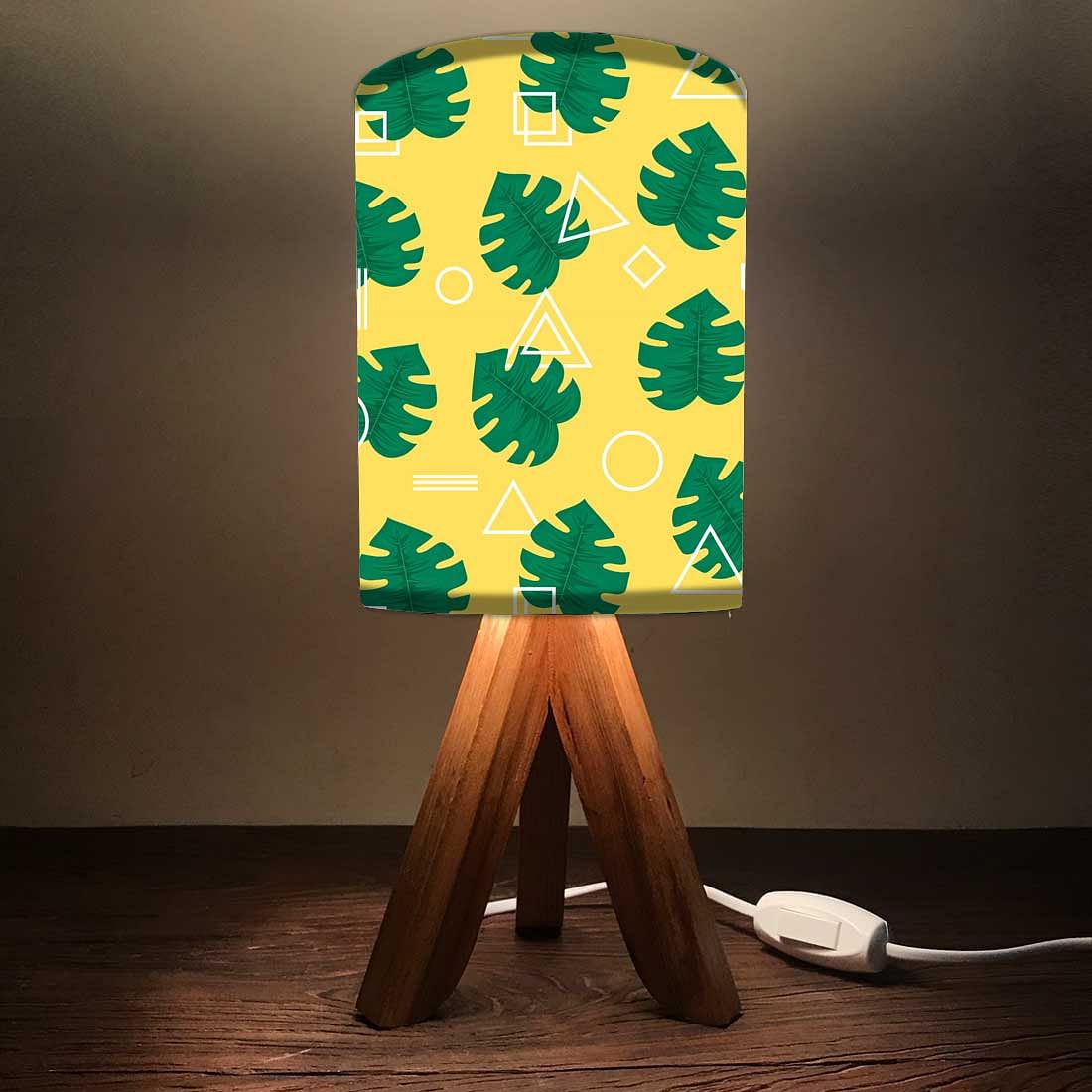 Wooden Tripod Table Lamp For Bedroom - Monstera Designs Yellow Nutcase