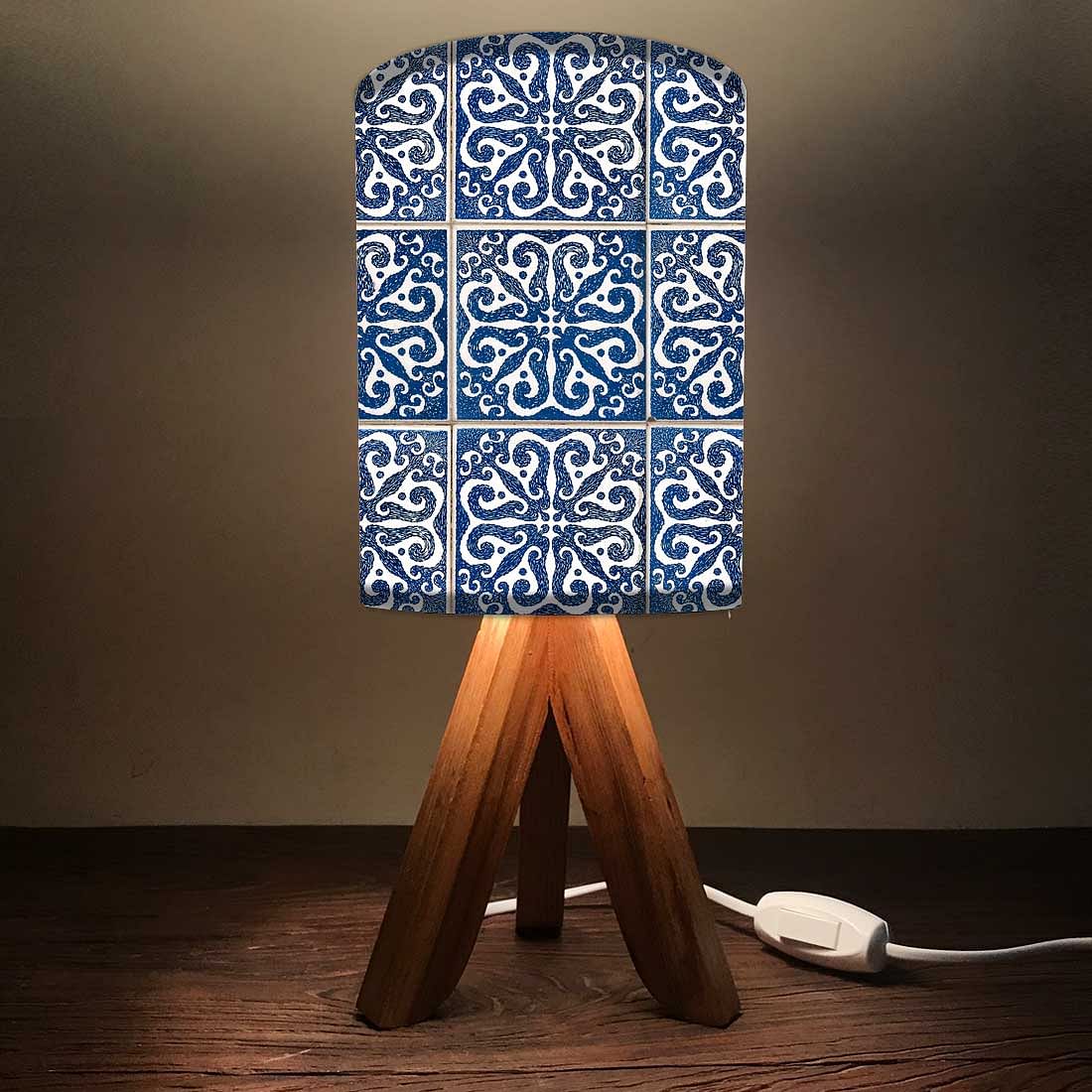 Mini Wooden Tripod Table Lamp for Bedroom Living Room-Spanish Tiles Blue Nutcase