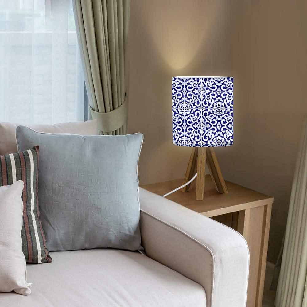 Wooden Base Bedside Lamp For Bedroom - Spanish Tiles Floral White Nutcase