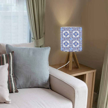 Wooden Side Table Lamps For Bedroom - Blue White Flower Tiles Nutcase