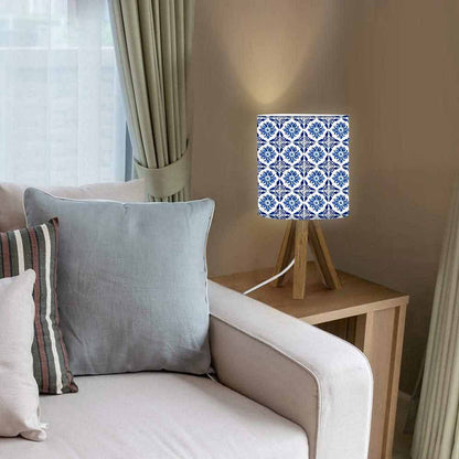 Wooden Bedside Lamp Mini Tripod Light for Bedroom Living Room-Blue Flower Tiles Nutcase