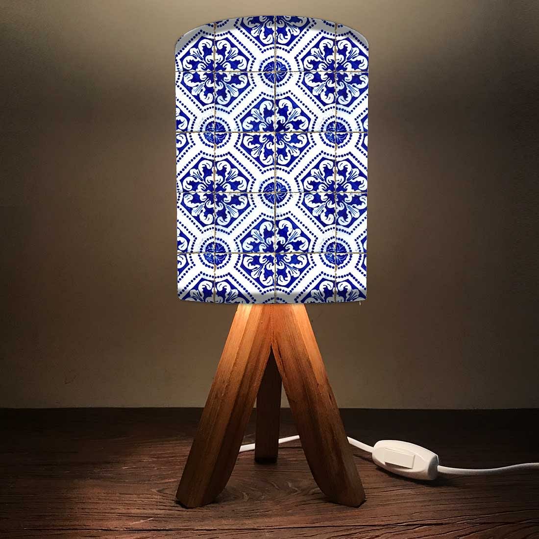 Wooden Table Lamps For Bedroom - Dotted Blue Flower Tiles Nutcase