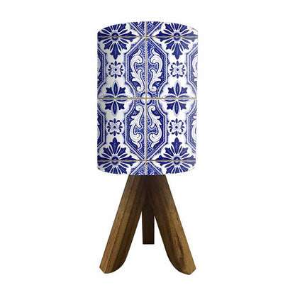 Wooden Tripod Table Lamp For Bedroom - Vertical Blue Flower Tiles Nutcase