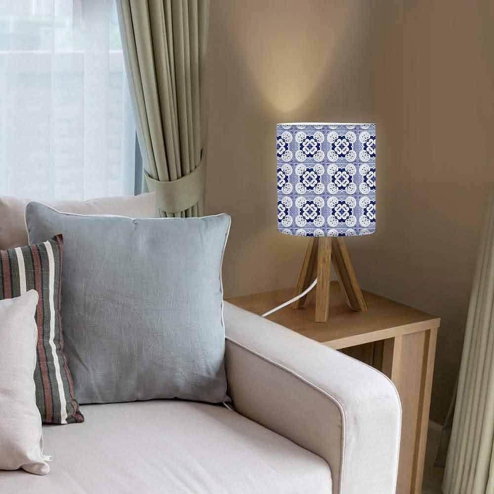 Wooden Tripod Table Lamp base For Bedroom - Square Blue Flower Tiles Nutcase