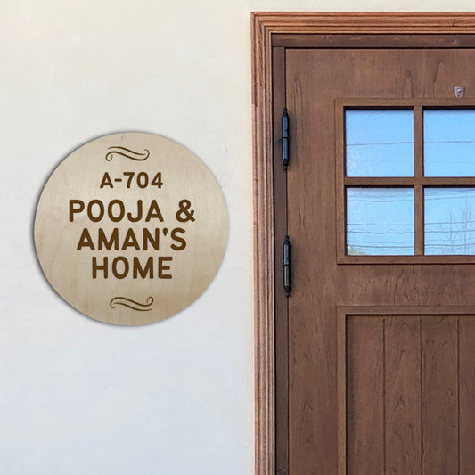 Engraved Wooden Name Plate for Home Flat Bungalows-Round