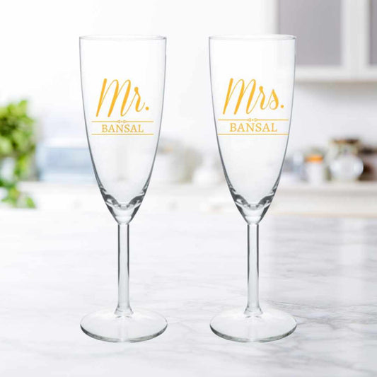 Mr and Mrs Champagne Glasses Flute Glass Set of 2  - Wedding Anniversary Gifts