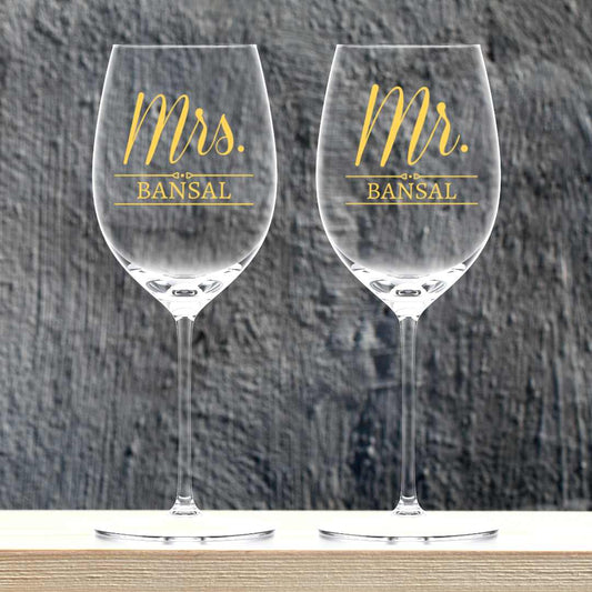 Personalized Wine Glasses for Couples Mr Mrs Set 2 Glasses - Mr Mrs Set